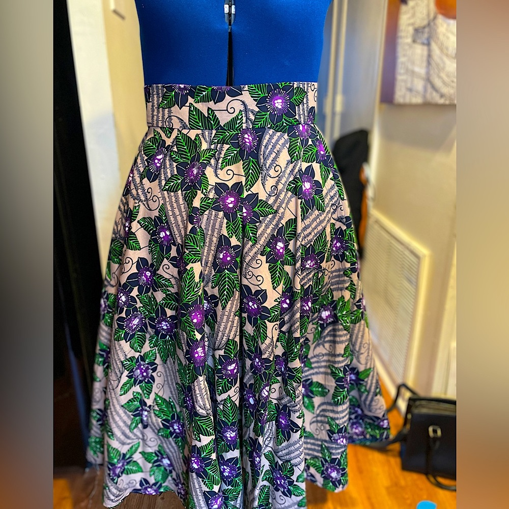 African print circle skirt with pockets.